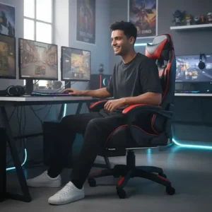 Cadeira Gamer Reclinável Ergonômica Com Apoio Para Pés e Cabeça de Couro Sintético Vermelho Sweet Studio - Imagem 2