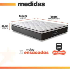 Colchão Casal Molas Ensacadas Euro Pillow Maximus 138 x 188 x 24 cm Gazin cinza e branco suporta até 120kg por pessoa - Imagem 3