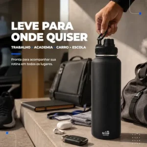 1000ml Garrafa Térmica Isolada A Vácuo Squeeze Aço Inox 304 para Água Gelada Esporte Academia com Alça e Bico Preto Sólar - Imagem 8
