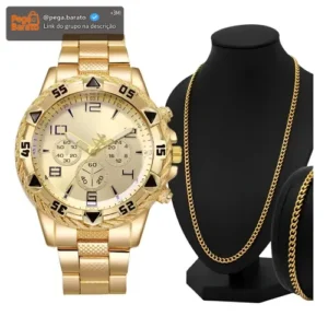 Relógio Masculino Prova D'água Quartzo Kit Corrente Pulseira - Imagem 1