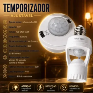Sensor De Presença E Movimento Iluminação Lâmpada Soquete E27 Fotocélula Infravermelho Bivolt Acende E Desliga Automático Thop Tech Importados - Imagem 6