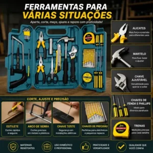 Kit Maleta Jogo Ferramentas 27 Peças Residencial Completa Conserto Oficina Manutenção Chave Inglesa, Estilete, Chaves Allen, Fenda E Phillips, Lanterna, Martelo, Serra, Tesoura, Trena, Fita Isolante - Imagem 6