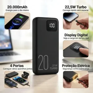 Power Bank 20000mah 22,5w Turbo Carregador Portátil Com Display Digital Bateria Externa Usb-c Para Celular Tablet Android Ios Carregamento Rápido Alta Capacidade Proteções Elétricas Brasiliana Tech - Imagem 3