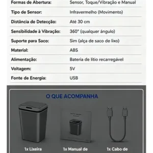 Lixeira Inteligente 16 Litros Com Sensor Automático Para Banheiro e Cozinha Cinza - Imagem 10