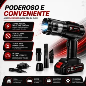 Aspirador De Pó Portatil Recarregável Turbo Com Bateria 48v 3000mah Sem Fio Automotivo Elétrico Soprador Para Casa Carro Escritório Preto 127/220v - Multicontrol - Imagem 5