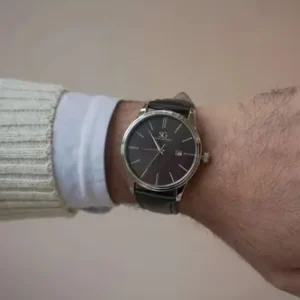 Relógio Masculino Chrowl Saint Germain Pulseira Couro Caixa Prateada Fundo Preto 42mm Clássico - Imagem 5