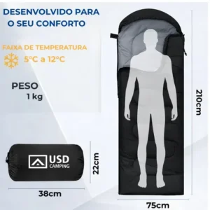 Saco De Dormir Camping Impermeável Usd Confortável 2,10m X 75cm C/ Bolsa De Transporte Cor Preto - Imagem 3
