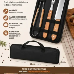 Kit Churrasco 3 Peças Inox Com Estojo Faca Garfo Pegador - Imagem 2