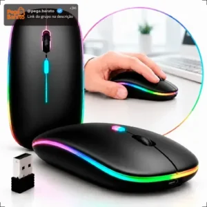 Mouse Sem Fio Recarregável Wireless Optico Led Rgb Ergonômico Sem Fio Para Pc Desktop Notebook Tablet Smartphone Preto - Imagem 1