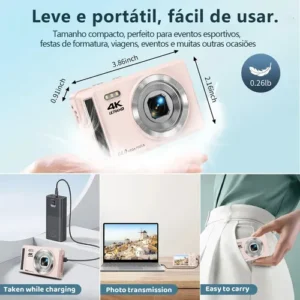 Câmera Digital Acrensly 4K 64MP Rosa maquina fotografica Para Vlog com Zoom 16x e Foco Automático, Tela IPS 2.8", Cartão 32GB e 2 Baterias - Imagem 7
