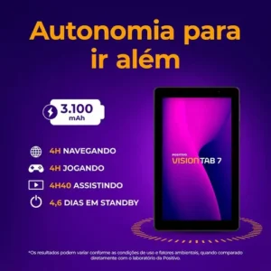 Tablet Positivo Vision TAB 7 - Processador Octa-Core 3GB RAM 64GB Armazenamento Tela 7” IPS Bateria 3100mAh, Android 14 Go, Wi-fi - Preto - Imagem 11