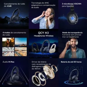 Headset Qcy H3 Anc Adaptativo Bluetooth 5.3 Multiponto 60h Cor Preto - Imagem 7