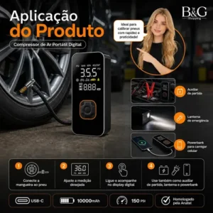 Auxiliar de Partida de Bateria Veicular Portátil Com Compressor de Ar Para Carro e Moto - Imagem 4