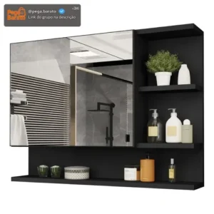 CASA JD MÓVEIS Espelheira Cleopatra armario para banheiro com espelheira de 60cm de largura 45cm de altura e 13cm de profundidade e móveis preto nature - Imagem 1