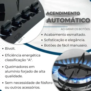Fogão Cooktop Gás 4 Bocas Vidro Ultra Chama 127v/220v Preto - Imagem 3