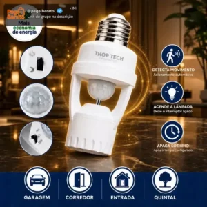 Sensor De Presença E Movimento Iluminação Lâmpada Soquete E27 Fotocélula Infravermelho Bivolt Acende E Desliga Automático Thop Tech Importados - Imagem 1