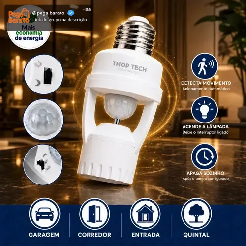Sensor De Presença E Movimento Iluminação Lâmpada Soquete E27 Fotocélula Infravermelho Bivolt Acende E Desliga Automático Thop Tech Importados