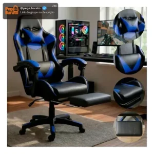 Cadeira Escritório Gamer Ergonômica Reclinável Com Apoio dos Pés Em Couro Azul - Imagem 1