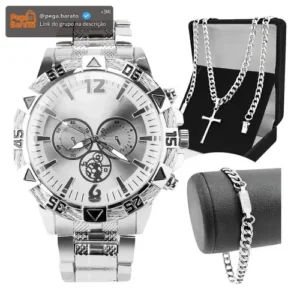 Kit Relógio Masculino Prova Dagua Original Prata + Corrente - Imagem 1