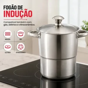 Panela Cuscuzeira Inox 16cm 2,5L Fogão Indução Gás Aço Inoxidável Cozedor A Vapor Para Cuscuz Nordestino Compatível Cooktop Elétrico Vitrocerâmico Fundo Triplo Utensílio Cozinha TOPHUS - Imagem 3