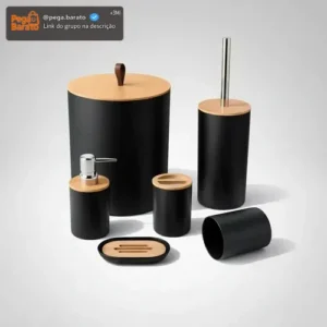 Kit Banheiro Acessórios Kit Banheiro Completo 6 Peças Tampa Fechada Copo Multiuso, Escova Sanitária, Cesto De Lixo, Porta Escova, Porta Sabonete Líquido, Saboneteira Dona Bego Cor Preto Sayonara - Imagem 1