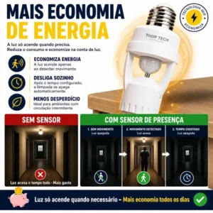 Kit 2 Sensor De Presença E Movimento Iluminação Lâmpada Soquete E27 Fotocélula Infravermelho Bivolt Acende E Desliga Automático Thop Tech Importados - Imagem 5