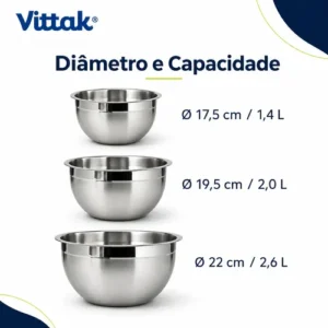 Vittak Conjunto 3 Bowls de Inox com Tampas Plásticas Utensílios de Cozinha Tamanhos Variados - Imagem 6