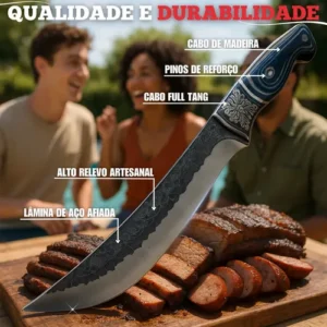 Kit Com Faca De Cozinha E Churrasco Artesanal Full Tang+ Bainha Couro Com Gravuras + Afiador Vermelho Abs Emborrachado Gourmet Premium Forjada A Mão Picanha Chef De Cozinha - Imagem 8