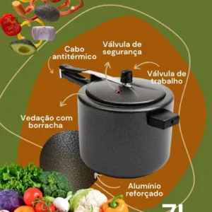 Panela de Pressão 7 litros Alumínio Preta Grande Segura Reforçada Cozimento Rápido Econômica Fechamento Interno - Imagem 6