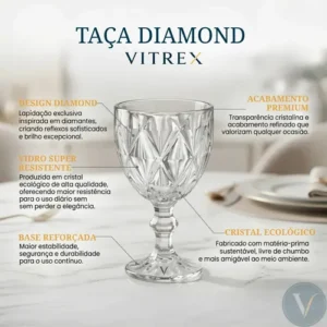 Jogo 6 Taças de Cristal 340ml Diamond Transparente Lapidado Vitrex - Imagem 4