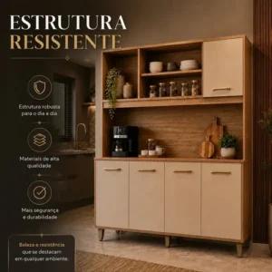 Kit Armário de Cozinha Nicioli Magazin 120 5 Portas Freijó/Off White Cristal Moderno Compacto Organizador Resistente - Imagem 5