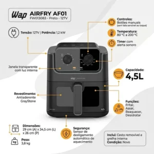 Wap Af01 Airfryer 4,5l Visor Com Luz Interna Antiaderente 127V - Imagem 2