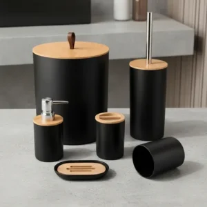 Kit Banheiro Acessórios Kit Banheiro Completo 6 Peças Tampa Fechada Copo Multiuso, Escova Sanitária, Cesto De Lixo, Porta Escova, Porta Sabonete Líquido, Saboneteira Dona Bego Cor Preto Sayonara - Imagem 6