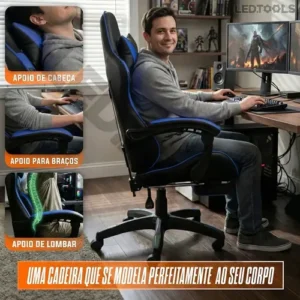 Cadeira Escritório Gamer Ergonômica Reclinável Com Apoio dos Pés Em Couro Azul - Imagem 4