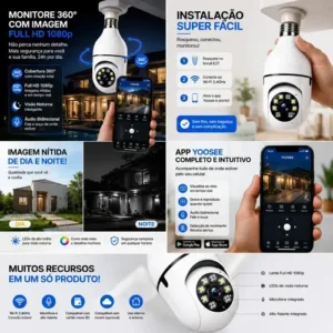 Kit 2 Câmeras de Segurança Lâmpada Trance LP8177 Wi-fi 360° Full Hd 1080p Bocal E27 Visão Noturna Áudio Bidirecional App Yoosee 2.4ghz Monitoramento Residencial Externo e Interno Jortan Durawell - Imagem 3