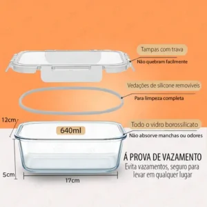 Yab - Kit 5 Potes De Vidro Marmita C/ Tampa Hermético 640ml Retangular 4 Travas Borossilicato Alimentos Micro-ondas Freezer Geladeira - Imagem 4