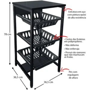 Fruteira de Chão para Cozinha 3 Cestos Deslizantes Estrutura Aço MDP - Imagem 6