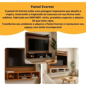Painel Suspenso Everest TV Até 50" Cor Naturale MDP Design Ripado 3 Nichos - Imagem 5