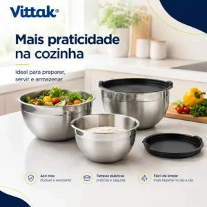 Vittak Conjunto 3 Bowls de Inox com Tampas Plásticas Utensílios de Cozinha Tamanhos Variados - Imagem 7