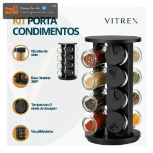 Kit Porta Condimentos Vitrex 8 Potes Em Vidro Preto Com Base Giratória - Imagem 1