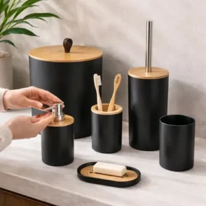 Kit Banheiro Acessórios Kit Banheiro Completo 6 Peças Tampa Fechada Copo Multiuso, Escova Sanitária, Cesto De Lixo, Porta Escova, Porta Sabonete Líquido, Saboneteira Dona Bego Cor Preto Sayonara - Imagem 7