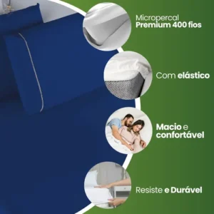 Jogo de Lençol Casal 3 Peças 400 Fios Micropercal Azul-marinho Elástico - Imagem 5