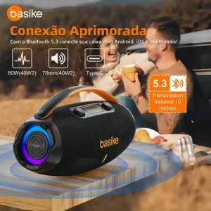 Caixa De Som Basike Ba-RAD207 80W Rádio FM Bluetooth 5.3 TWS RGB Bass Boost 9000mAh - Imagem 6