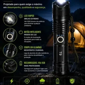 Kit 2 Unidades - Lanterna Tática Militar T9 Mais Forte Do Mundo Profissional Lanterna Potente Led Mais Forte Do Mundo Acampamento Viajens Caça Camping - Commlite Branco Preto - Imagem 6
