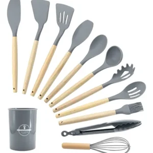 Kit Colheres Silicones 12 Peças Silicone C/ Suporte Madeira - Imagem 3
