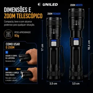 Lanterna Militar Tatica LED Mais Forte do Mundo Potente Zoom Telescópico Alto Brilho Resistente Agua Sitio Fazenda UNILED - Imagem 5