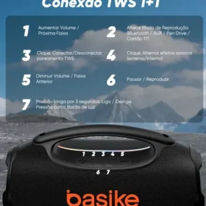 Basike Caixa de Som Boombox Plus 80W 8000Mah Portátil Bluetooth 5.3 Sem fio IPX6 À Prova D'água Com Luz RGB Hifi TWS Bass Forte Amplificada Alto falante Bombox TV Festa Casa Soundbox Subwoofer RAD337 - Imagem 8