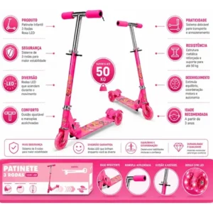 Patinete 3 Rodas Infantil Menina Rosa Dobrável Ajustável Led - Imagem 9