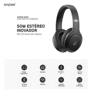 Fone De Ouvido Headphone Dapon H02D Bluetooth 5.1 Over-ear 22h Preto - Imagem 9