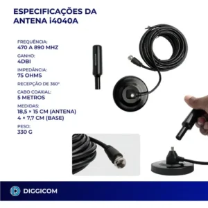 Antena Digital Sinal 4k Hd Smart Tv Interna Externa Para Tv Samsung LG Led Lcd 3d Hdtv Uhf Amplificador Cabo Longo De 5 Metros Com Base Magnética Diggicom - Imagem 4